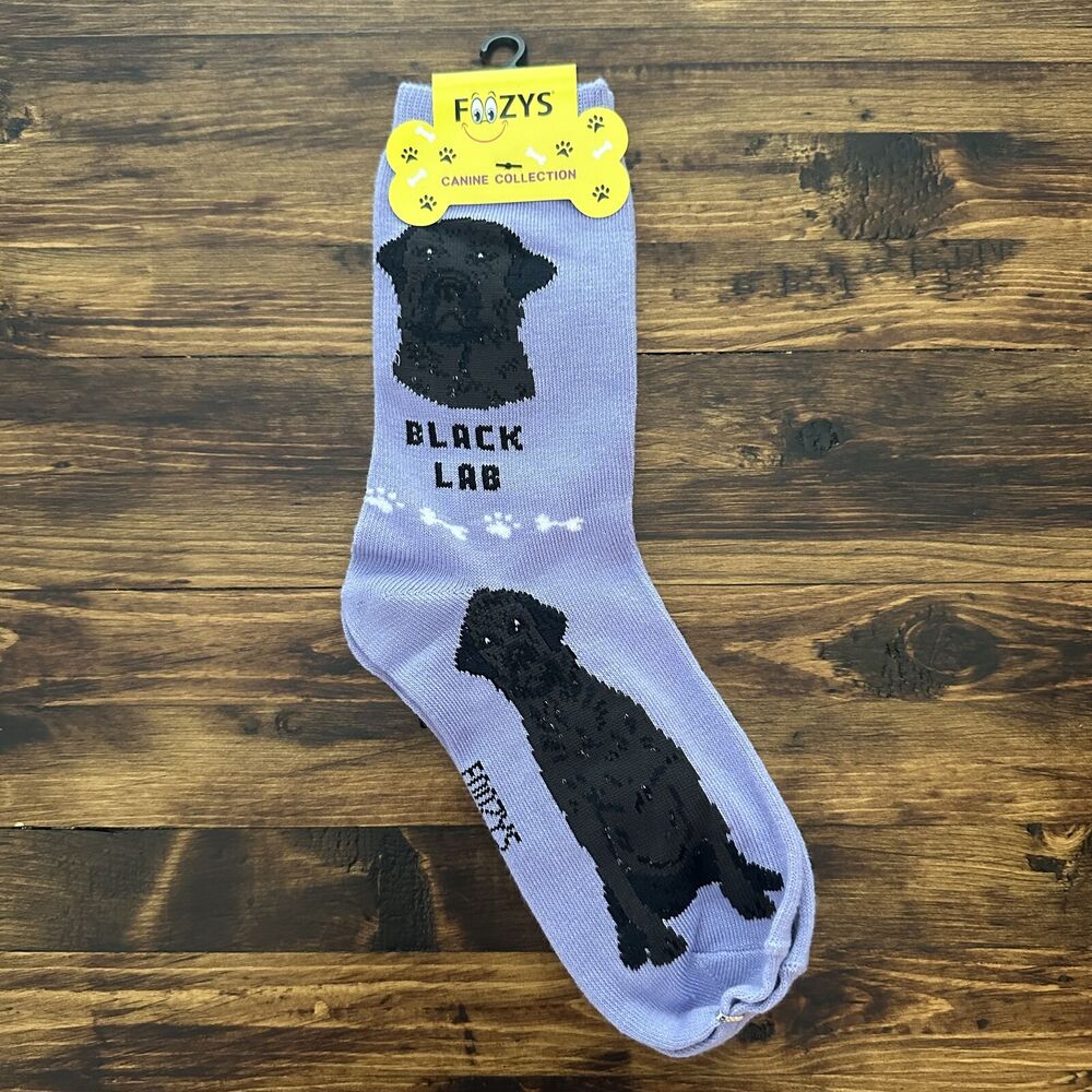 NWT Foozys Purple Black Lab Graphic Crew Length Socks Women's One Size